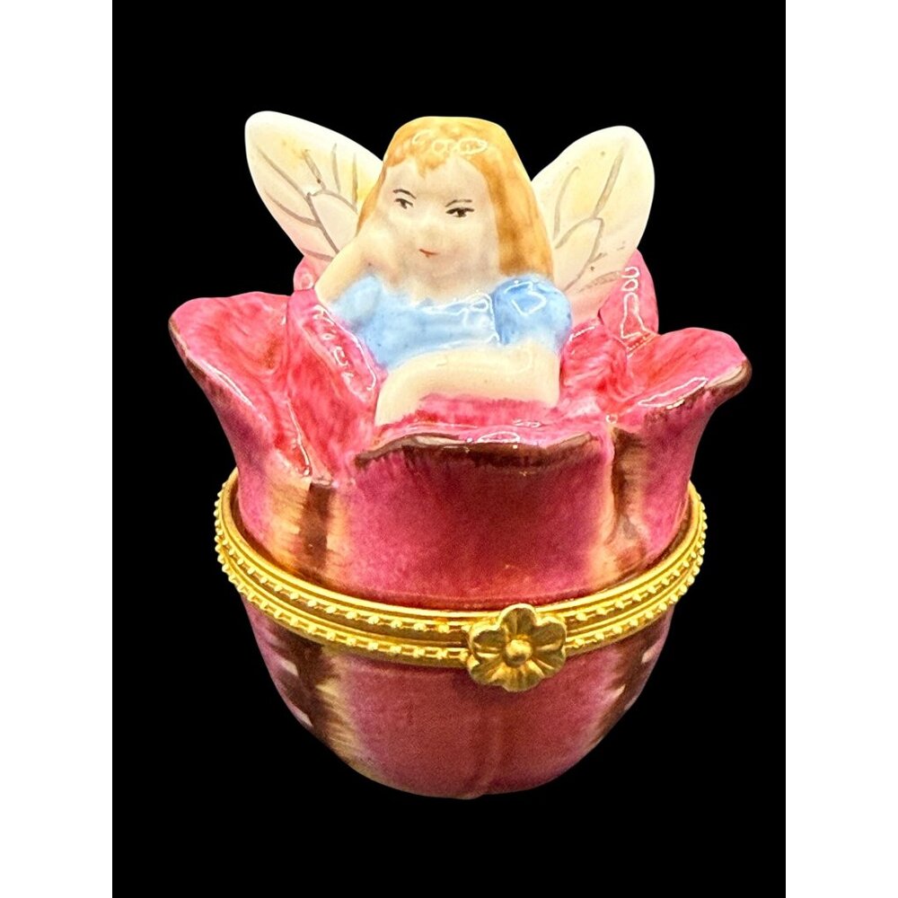 VIntage Hand-Painted Ceramic Flower Fairy Trinket Box Gold Tone Flower Clasp
